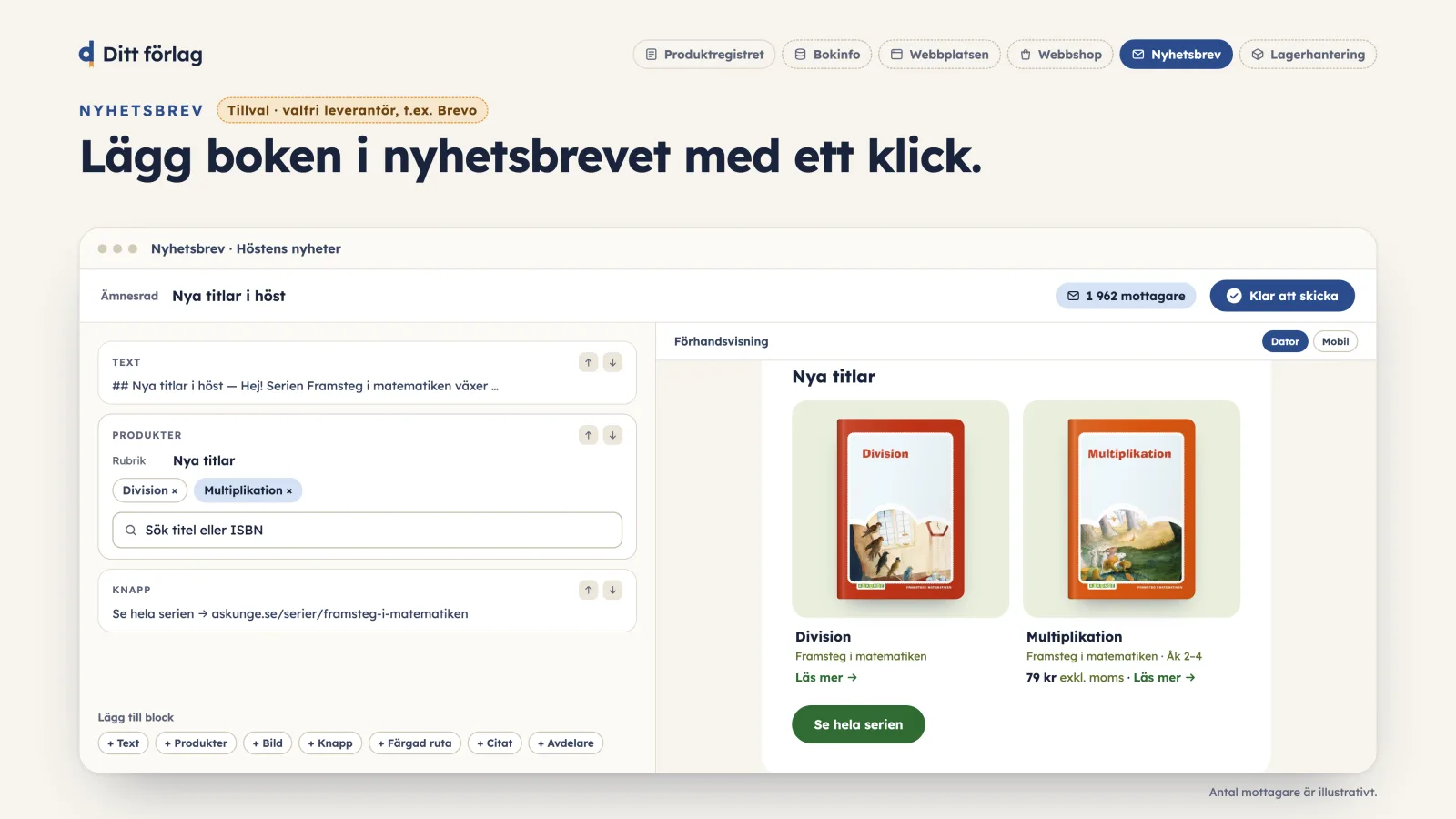 The newsletter editor in Ditt förlag, with two Askunge titles added from the registry and a preview of the email.