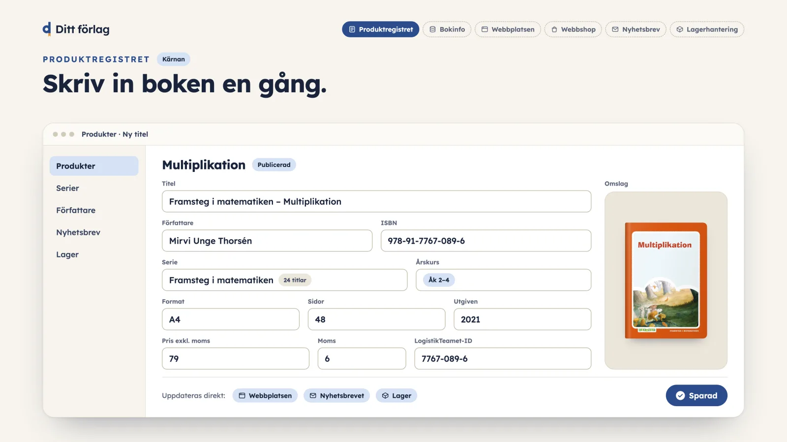The product registry in Ditt förlag, showing a title being edited: title, author, ISBN, series, format, pages, price, and cover.